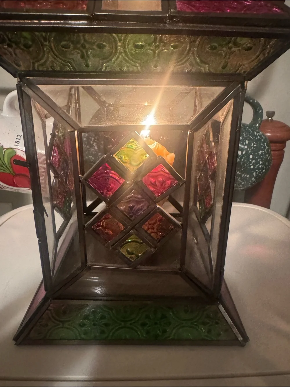 VTG Stained Glass Style Candle Lantern Multicolored Glass Metal Made In India